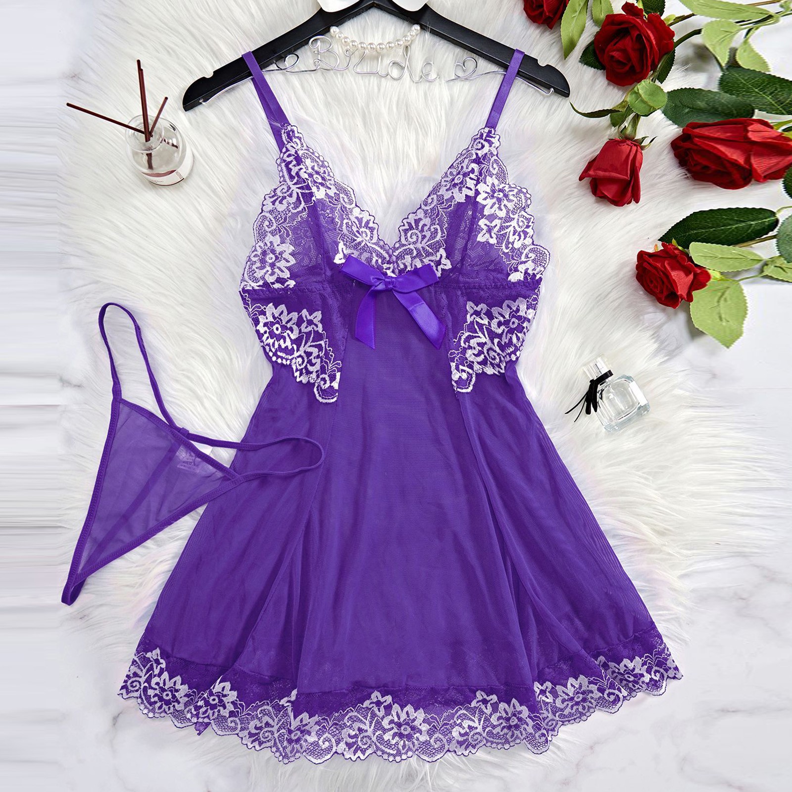 thumbnail image 3 of Body sexy de encaje para mujer con liguero - Conjunto de camisón de malla transparente, lencería de poliéster y spandex para ocasiones especiales, 3 of 5